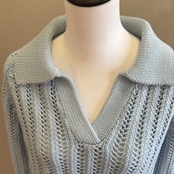 Haven Well Within Open Stitch Johnny Collar Light Blue Sweater Size S - Picture 9 of 12